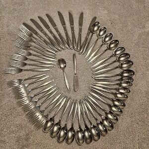 VTG Everbrite Deluxe Stainless Flatware‎ Set 50 Pc Japan w/ Box Scroll Pattern